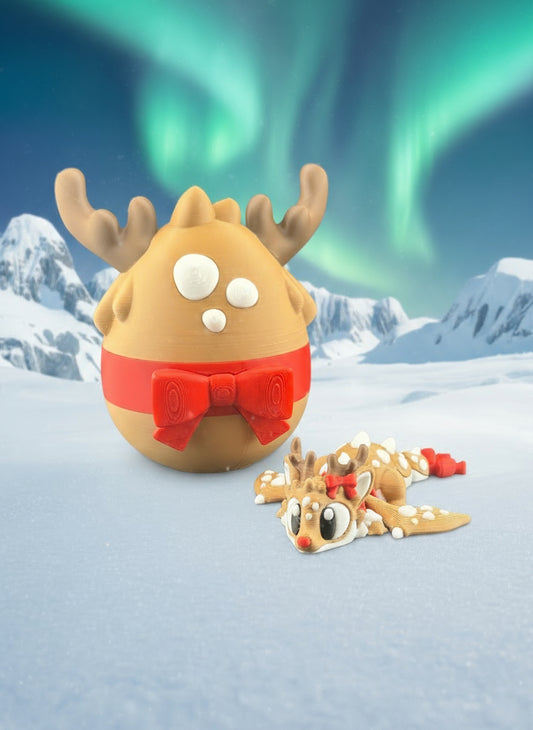 3D Printed Miniature Articulated Christmas Reindeer Dragon And Egg Set