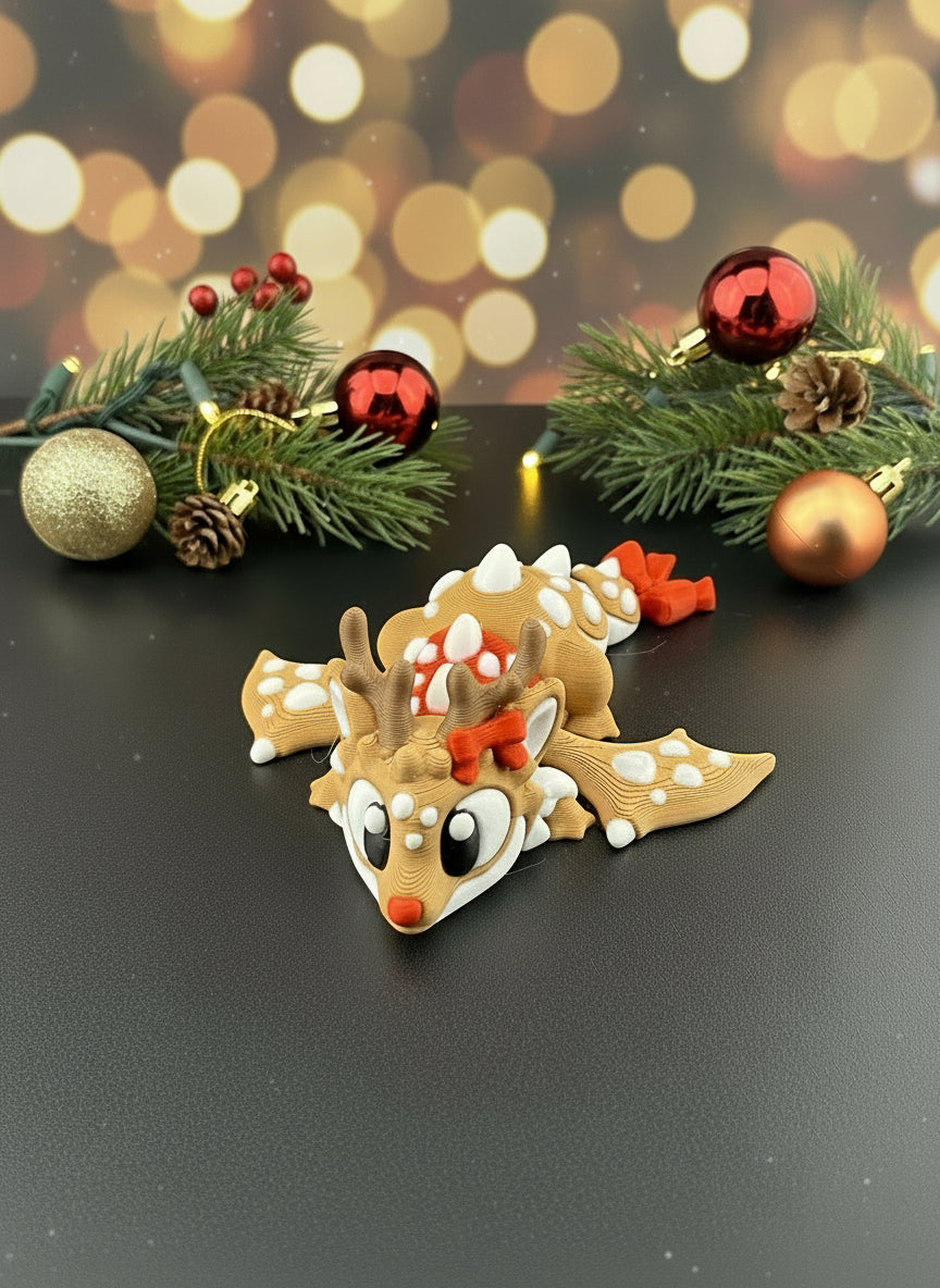 3D Printed Miniature Articulated Christmas Reindeer Dragon And Egg Set