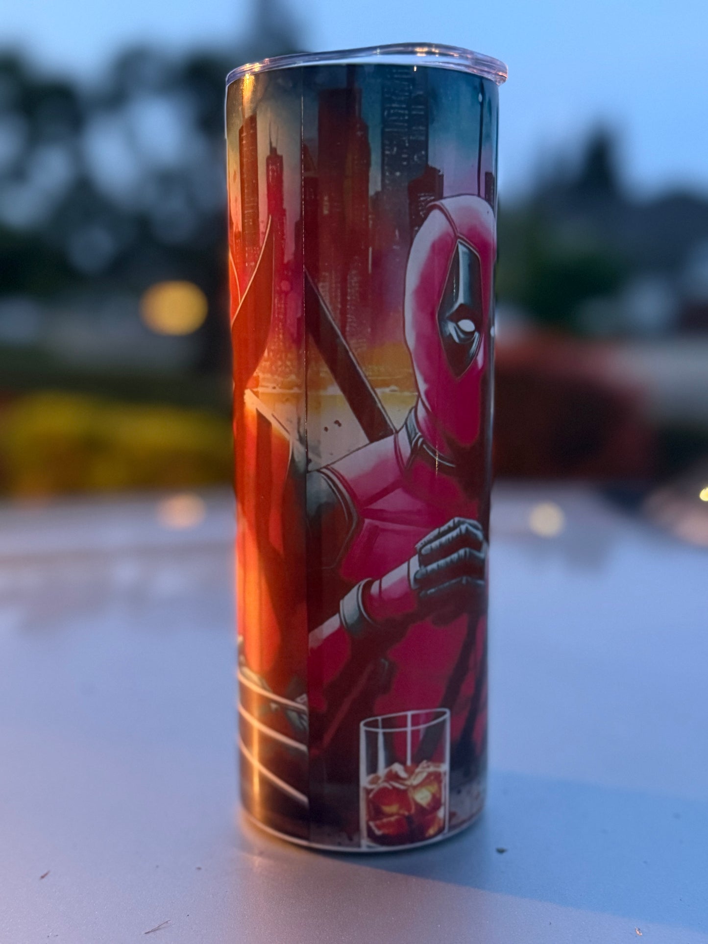 Deadpool and Wolverine Enjoying a Drink 20oz Skinny Tumbler
